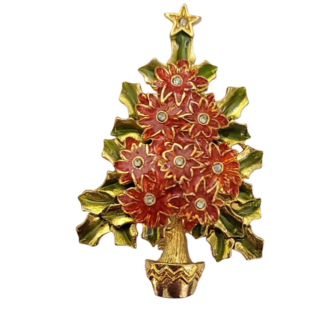 Christopher Radko Enamel Clear Rhinestone Poinsettia Christmas Tree Brooch, K562